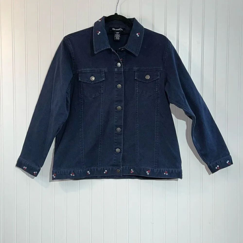 Denim & Co Jean Jacket Womens Large Blue Canvas Floral Embroidered Button Front